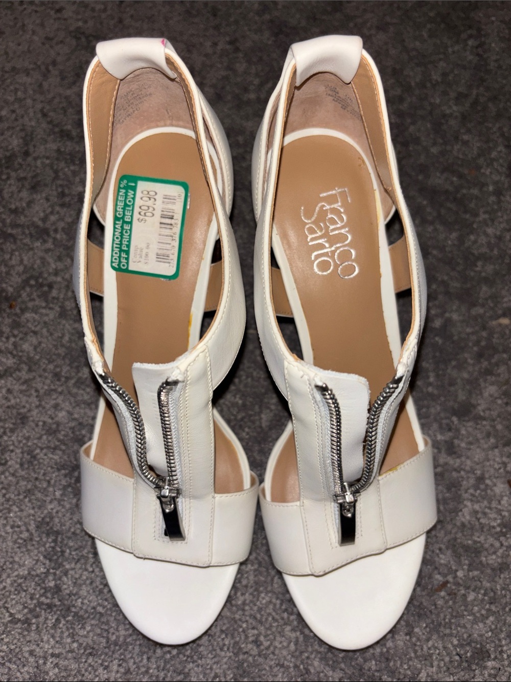 Franco Sarto White Leather Open-Toe Heels with Front Zipper